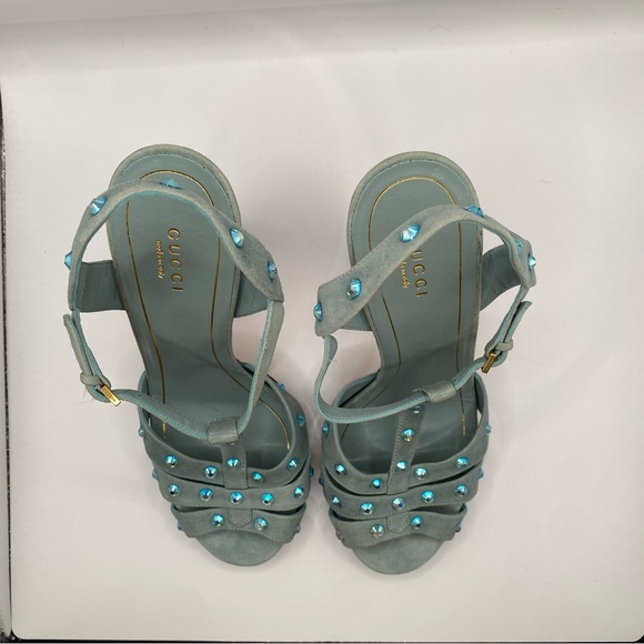 Gucci Jacquelyne Suede T-strap Heels with Crystal Accents - Picture 3 of 11